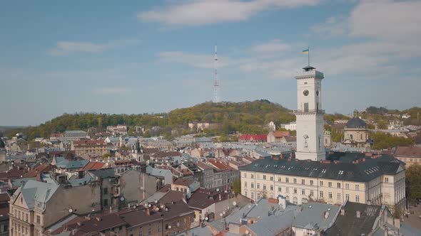 Aerial City Lviv, Ukraine. European City. Popular Areas of the City. Town Hall alt