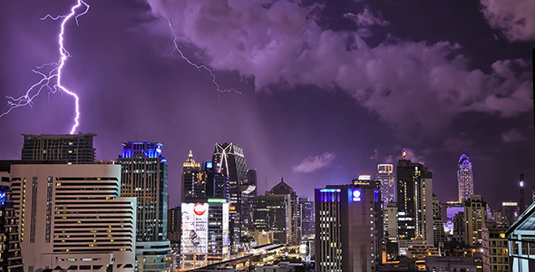 Thunders over City Skyline at Night
