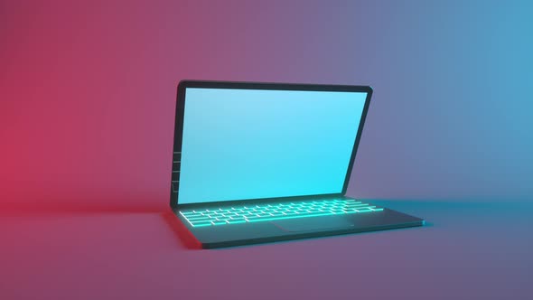 Gamer laptop opening with empty screen on red and blue background. Mock ...