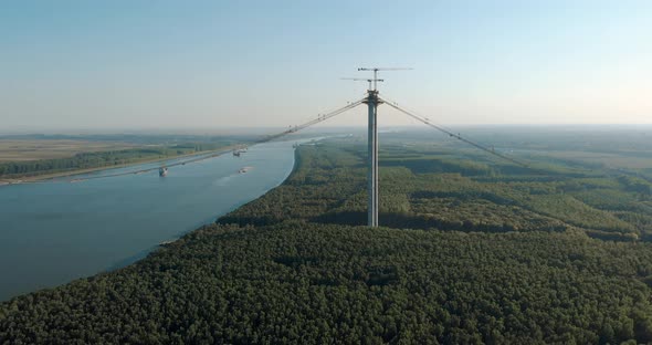 Braila Suspension Bridge Under Construction Over Danube River In Romania alt