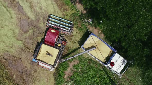 Aerial shot of combine loading off rice grains into truck.