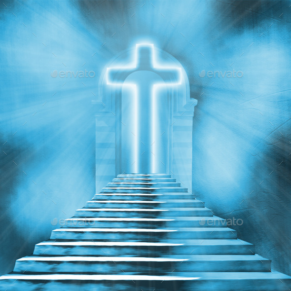 Glowing holy cross and staircase leading to heaven or hell