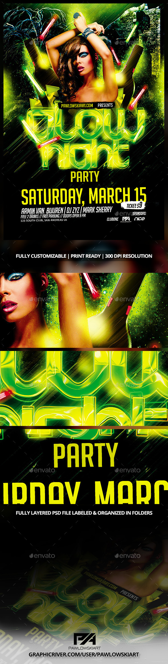 Glow Night Party Flyer Template - Clubs & Parties Events