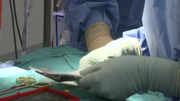 Surgical Technician Cuts Gauze Squares (2 Of 2)