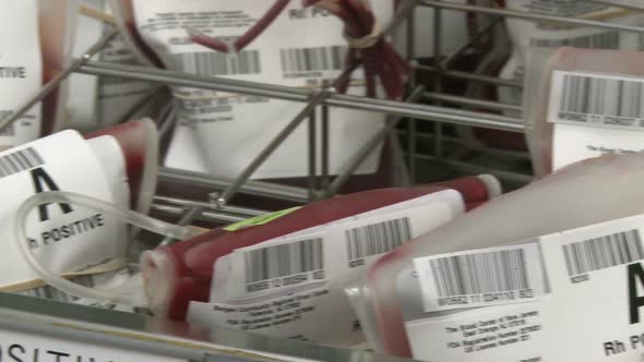 Pan Of A Rh Positive Blood Bags In Storage