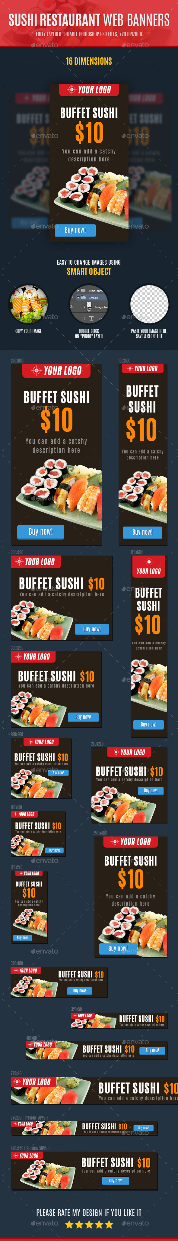 Sushi Restaurant Web Banners - Banners & Ads Web Elements