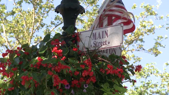 Red Flowers Hanging On Sign For Main Street