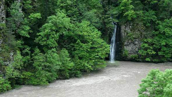 Landscape of Fast River and Waterfall in Georgia