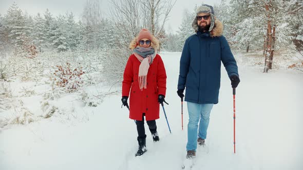 Couple Practicing Nordic Walking In Forest. Sticks Walking On Winter Wood. Winter Adventure Hiking. alt