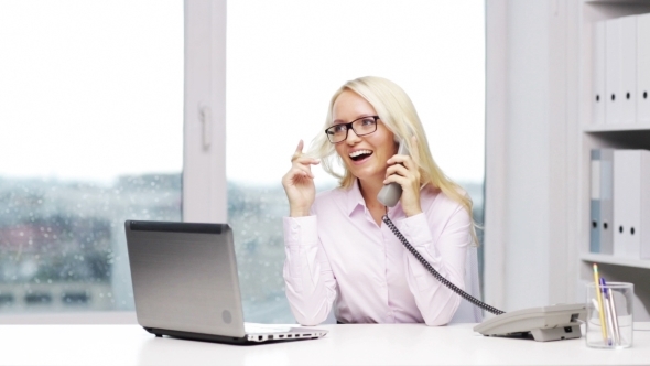 Smiling Woman Or Secretary Calling On Telephone alt