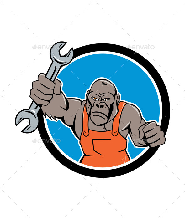 Angry Gorilla Mechanic Spanner Circle Cartoon - Animals Characters