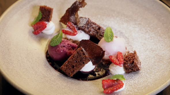 Cake With Ice Cream, Gingerbread and Raspberries