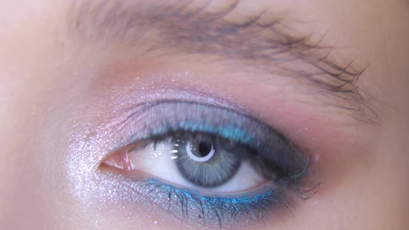 Closeup Eye with Shiny Blue and White Holiday Makeup To Young Woman