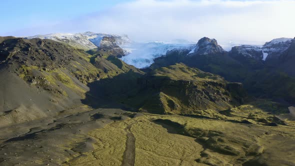 Drone Over Mountainous Landscape Towards Vatnajokull Glacier alt