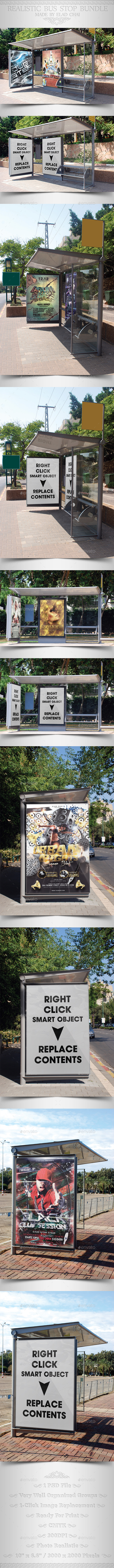 Bundle Realistic Bus Stop Flyer Poster Mockup - Print Product Mock-Ups