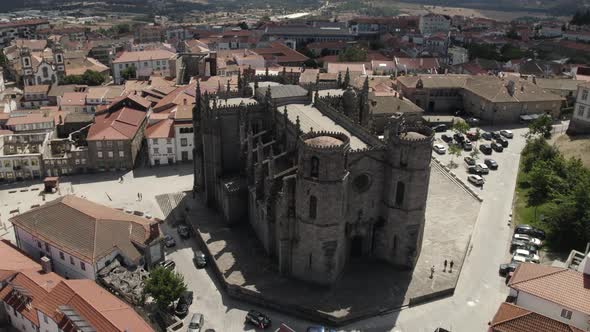 An aerial view of a monumental medieval jewel - Guarda cathedral in Portugal.