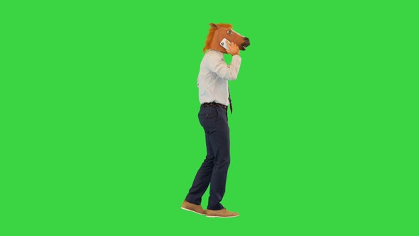 Emotional Businessman in Horse Mask Answer Phone Call Talking Active Gesturing While Conversation on