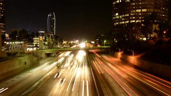 Rush Hour Traffic In Downtown Los Angeles At Night alt