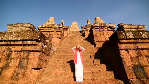 Female Buddhist Slowly Walking Down Temple Steps With Incense -  Angkor Wat Temple Cambodia 4