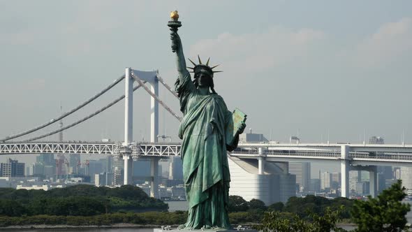 Replica Statue Of Liberty With Peace Bridge In The Background  -  Tokyo Japan 1