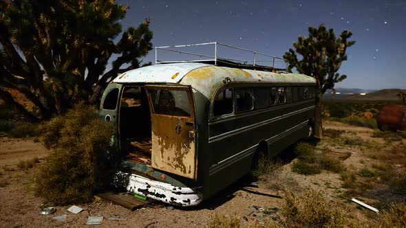 Abandon Bus In The Desert At Night