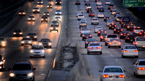 Busy Los Angeles Freeway Traffic In The Evening