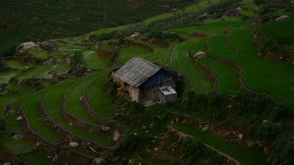 Sapa Vietnam - View Of  Farm House With Rice Terraces As The Sun Sets