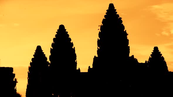 Zoom Out Of Silhouettes Of Main Temple Spires At Sunrise - Angkor Wat, Cambodia 1