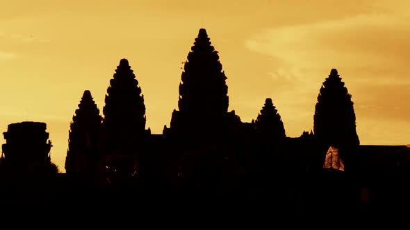 Zoom Out Of Silhouettes Of Main Temple Spires At Sunrise - Angkor Wat, Cambodia 2