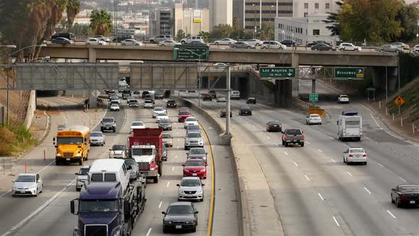 Traffic On Busy Freeway In Downtown Los Angeles California 55, Stock ...