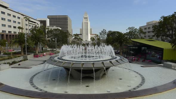 Los Angeles City Hall And Fountain Daytime