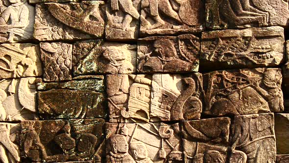 Stone Carving Of Religious Icons On Temple Wall - Angkor Wat, Cambodia 10