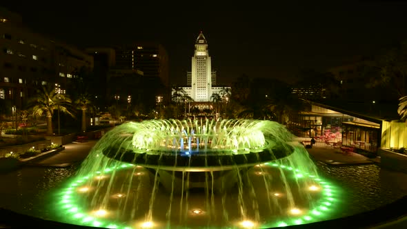 Los Angeles City Hall And Fountain Nighttime 2