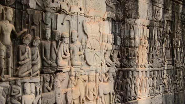 Stone Carving Of Religious Icons On Temple Wall - Angkor Wat, Cambodia 5
