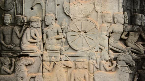 Stone Carving Of Religious Icons On Temple Wall - Angkor Wat, Cambodia 6