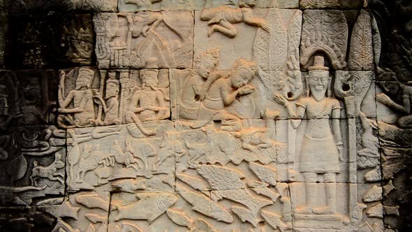 Stone Carving Of Religious Icons On Temple Wall - Angkor Wat, Cambodia 7