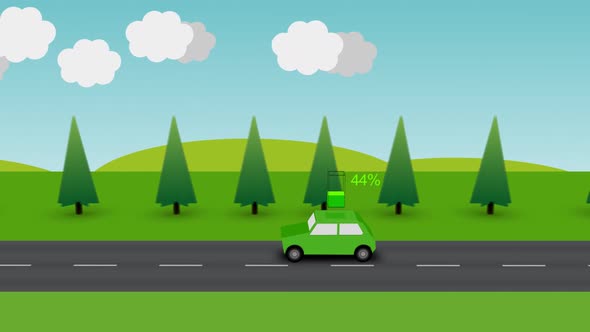 An electric car traveling to the house in the countryside for recharge. alt