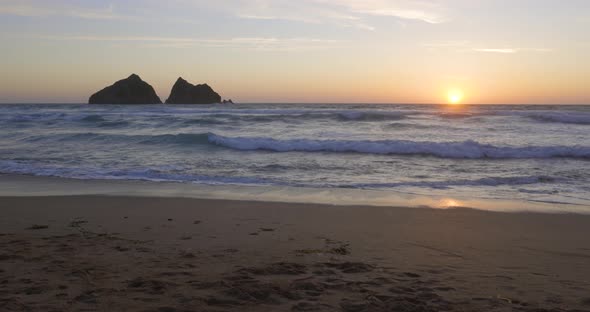 Beautiful view of Holywell Bay in Cornwall at sunset