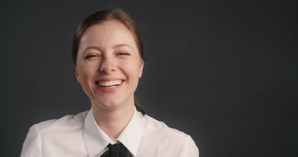 Happy Smiling Woman in Business Suit Looks to the Camera and Laughs Office Worker Portrait 120Fps alt