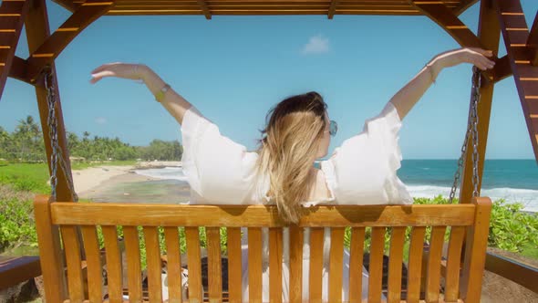 Happy Young Woman Feeling Freedom Spreading Arms Like Flying Bird Ocean Breeze alt