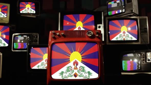 Flag of Tibet, also known as the Snow Lion flag, on Retro TVs.