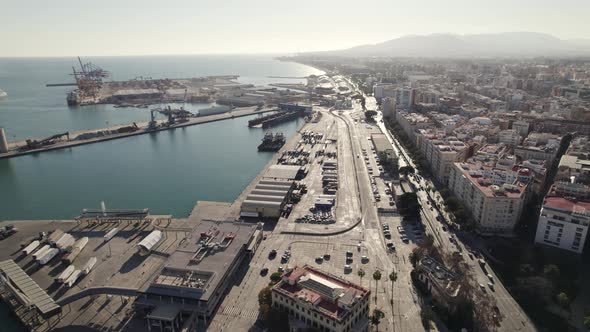 Aerial view over Port of Malaga at golden hour; Andalusia, Spain