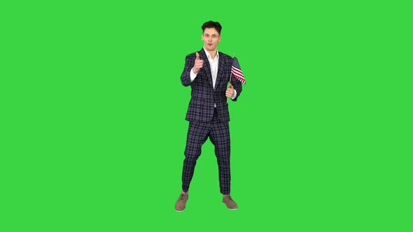 Agitator with American Flag Calls To Vote on a Green Screen, Chroma Key. alt