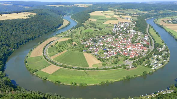 Aerial view of river loop Neckar, Binau, Baden-Wuerttemberg, Germany alt