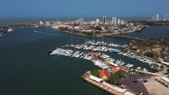 Aerial Beautiful View of the Old City From the Yacht Club in Cartagena Bay