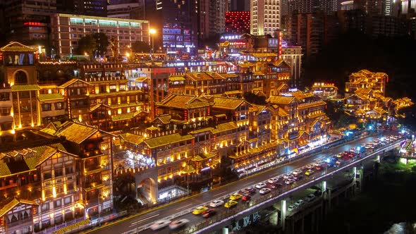 Chongqing Hongyadong Night Cityscape China Timelapse Pan Up alt