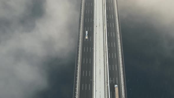 Drone view of Yavuz Sultan Selim Bridge and foggy weather