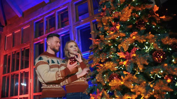 Young happy woman is decorating a Christmas Tree with her husband alt