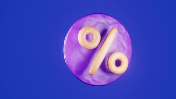 3d yellow rotating icon of percent discount on purple round in plasticine style animation