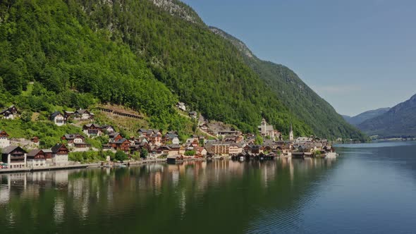 Panoramic View of the Hallstatt Located on the Lake at the Foot of Mountains alt